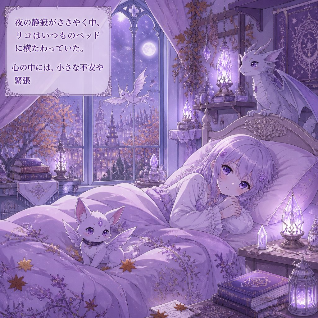 夜の静寂がささやく中、 リコはいつものベッド に横たわっていた。  心の中には、小さな不安や  緊張