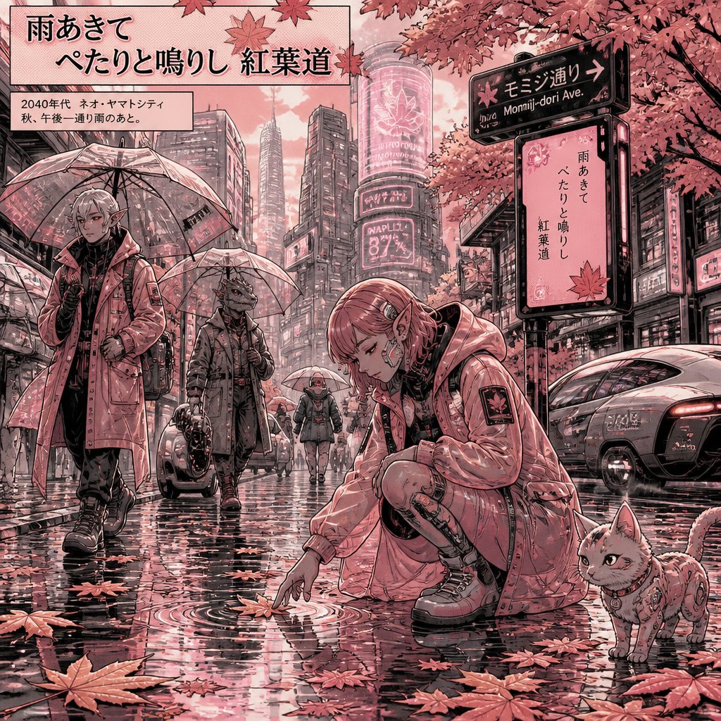 雨あきて　ぺたりと鳴りし　紅葉道